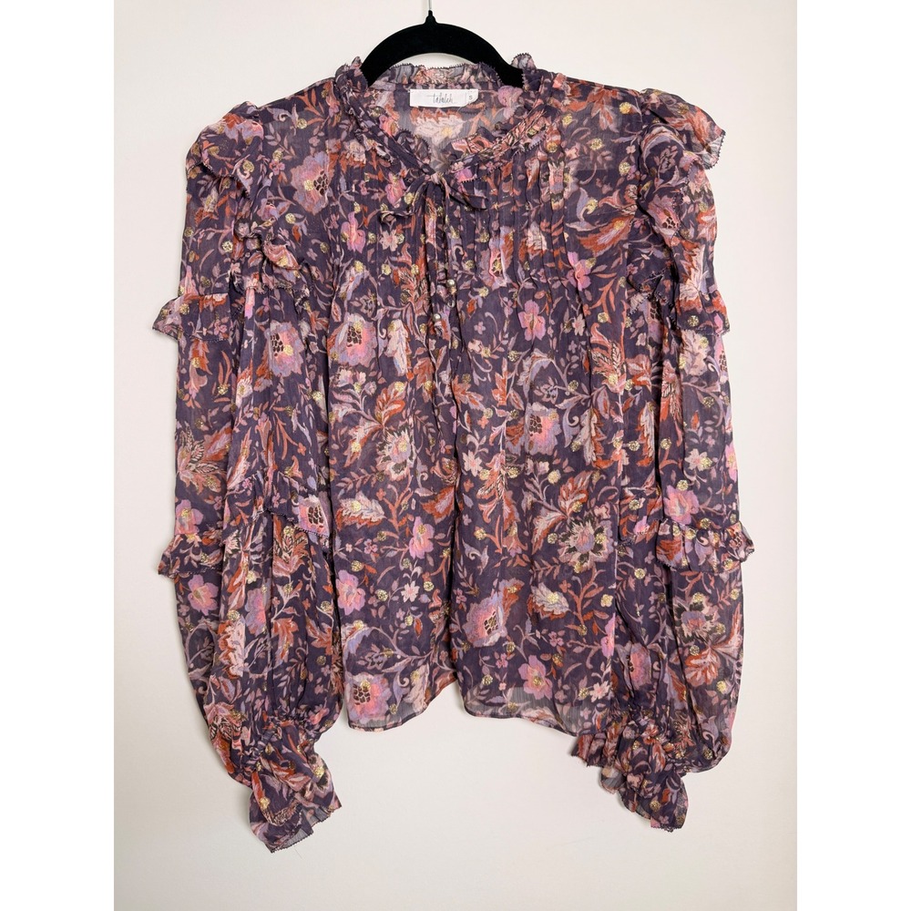 Talulah Floral Tiered Blouse Women S Purple Metallic Ruffle Fairy Top Bohemian